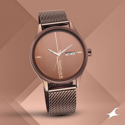 Fastrack Style Up Quartz Analog with Day and Date Brown Dial Stainless Steel Strap Watch for Guys NR3247QM02