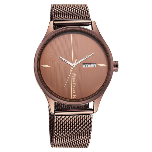 Fastrack Style Up Quartz Analog with Day and Date Brown Dial Stainless Steel Strap Watch for Guys NR3247QM02