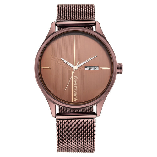 Fastrack Style Up Quartz Analog with Day and Date Brown Dial Stainless Steel Strap Watch for Guys NR3247QM02