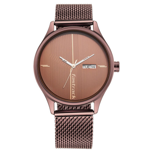 Fastrack Style Up Quartz Analog with Day and Date Brown Dial Stainless Steel Strap Watch for Guys NR3247QM02