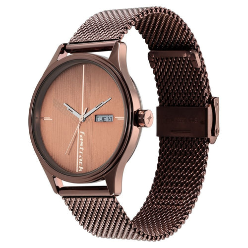 Fastrack Style Up Quartz Analog with Day and Date Brown Dial Stainless Steel Strap Watch for Guys NR3247QM02