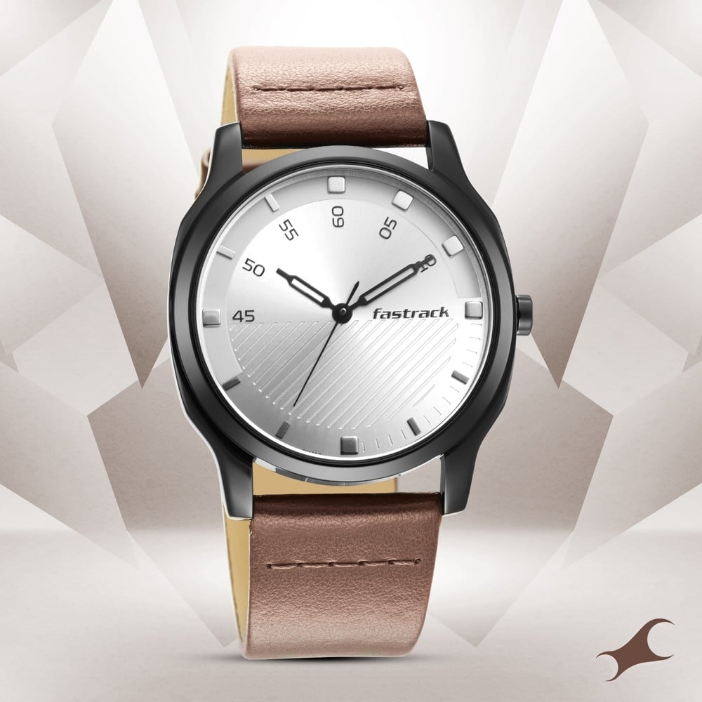 Fastrack Stunners Quartz Analog Silver Dial Leather Strap Watch for Guys NR3255NL02