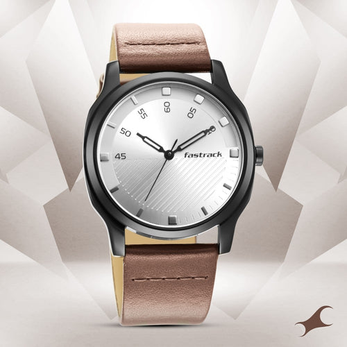 Fastrack Stunners Quartz Analog Silver Dial Leather Strap Watch for Guys NR3255NL02