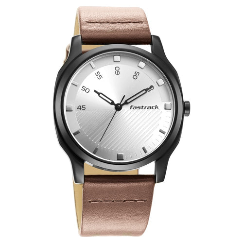 Fastrack Stunners Quartz Analog Silver Dial Leather Strap Watch for Guys NR3255NL02