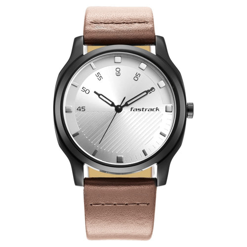 Fastrack Stunners Quartz Analog Silver Dial Leather Strap Watch for Guys NR3255NL02