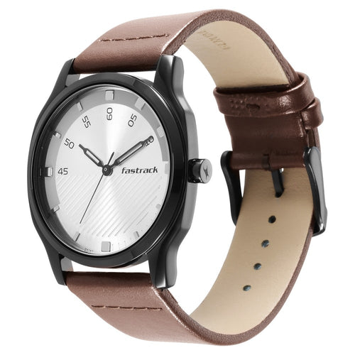 Fastrack Stunners Quartz Analog Silver Dial Leather Strap Watch for Guys NR3255NL02