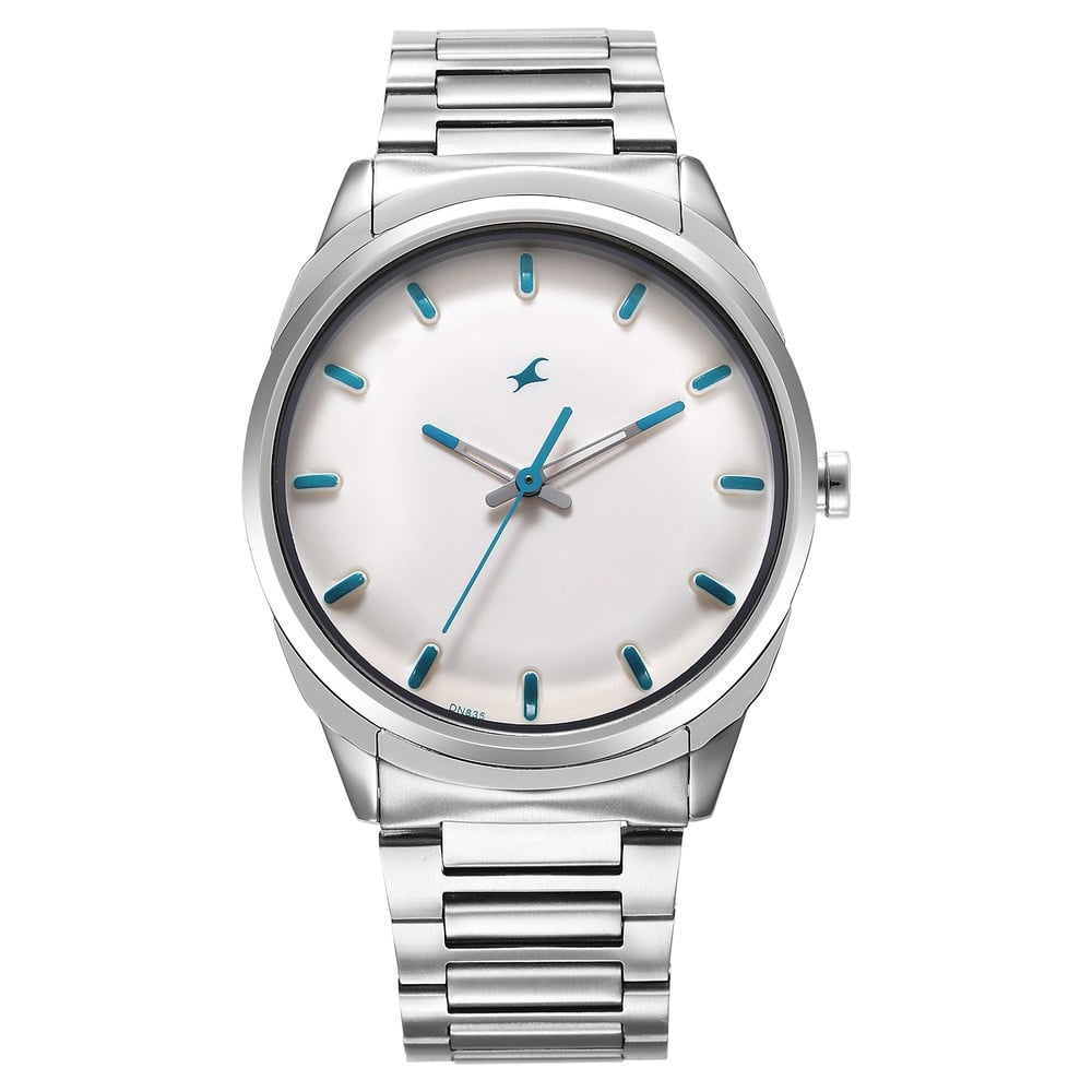 Fastrack Quartz Analog White Dial Silver Stainless Steel Strap Watch for Guys NT3273SM01