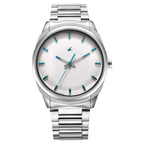 Fastrack Quartz Analog White Dial Silver Stainless Steel Strap Watch for Guys NT3273SM01