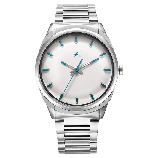 Fastrack Quartz Analog White Dial Silver Stainless Steel Strap Watch for Guys NT3273SM01