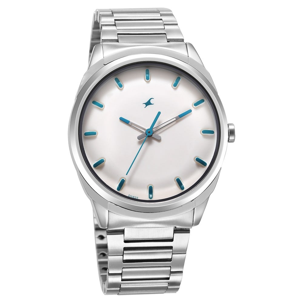 Fastrack Quartz Analog White Dial Silver Stainless Steel Strap Watch for Guys NT3273SM01