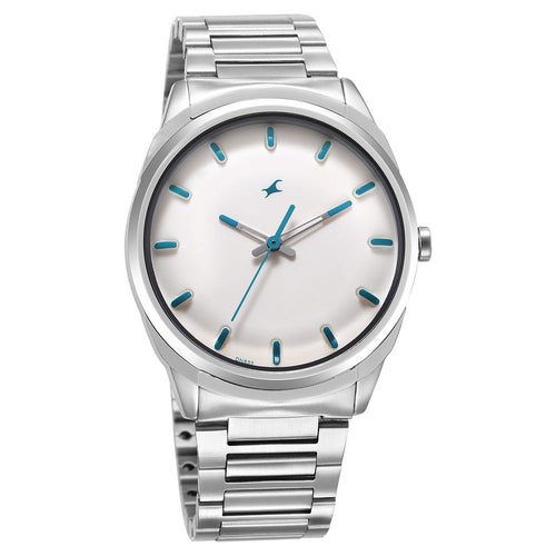 Fastrack Quartz Analog White Dial Silver Stainless Steel Strap Watch for Guys NT3273SM01