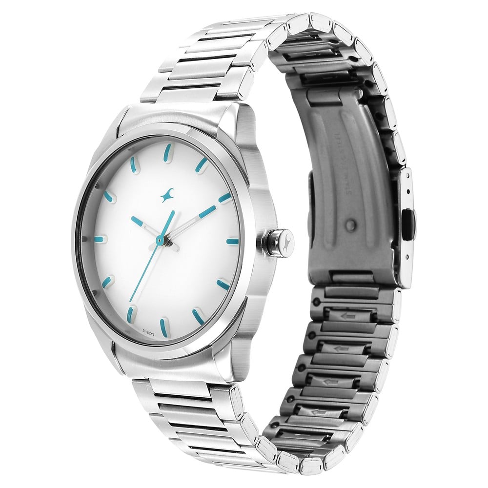 Fastrack Quartz Analog White Dial Silver Stainless Steel Strap Watch for Guys NT3273SM01