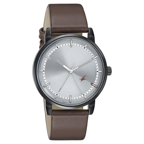 Fastrack Style Up Silver Dial Leather Strap Watch for Guys NT3278NL01