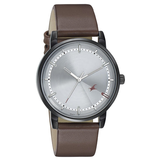 Fastrack Style Up Silver Dial Leather Strap Watch for Guys NT3278NL01