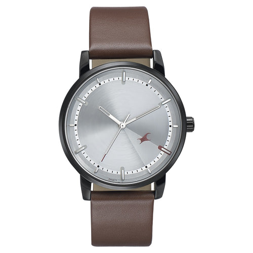Fastrack Style Up Silver Dial Leather Strap Watch for Guys NT3278NL01