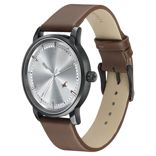 Fastrack Style Up Silver Dial Leather Strap Watch for Guys NT3278NL01
