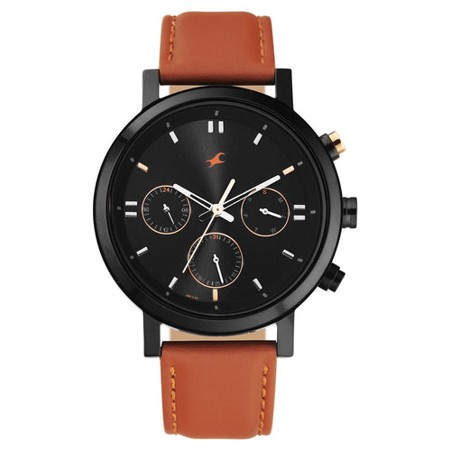 Fastrack Tick Tock Quartz Analog Black dial Leather Strap Watch for Guys NT3287KL01