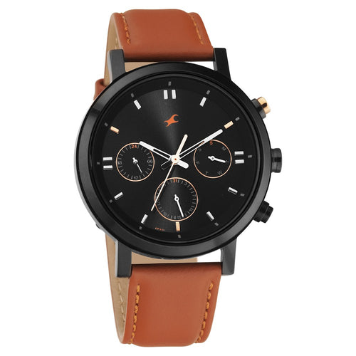 Fastrack Tick Tock Quartz Analog Black dial Leather Strap Watch for Guys NT3287KL01