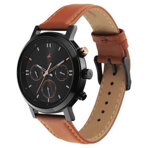 Fastrack Tick Tock Quartz Analog Black dial Leather Strap Watch for Guys NT3287KL01
