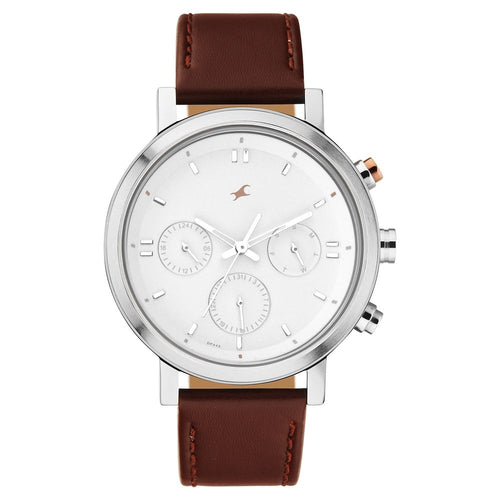 Fastrack Tick Tock Quartz Analog White dial Leather Strap Watch for Guys NT3287KL02
