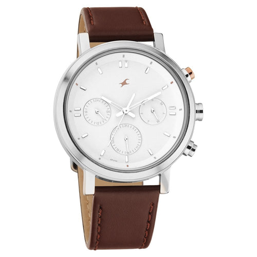 Fastrack Tick Tock Quartz Analog White dial Leather Strap Watch for Guys NT3287KL02