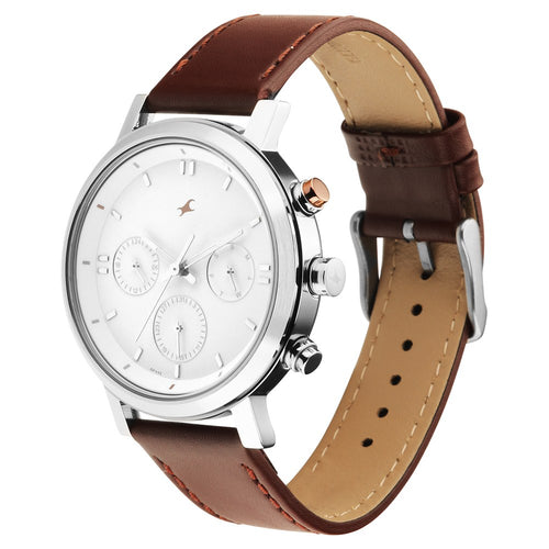 Fastrack Tick Tock Quartz Analog White dial Leather Strap Watch for Guys NT3287KL02