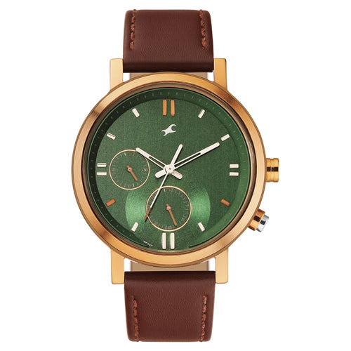 Fastrack Tick Tock Quartz Analog Green dial Leather Strap Watch for Guys NT3287KL04