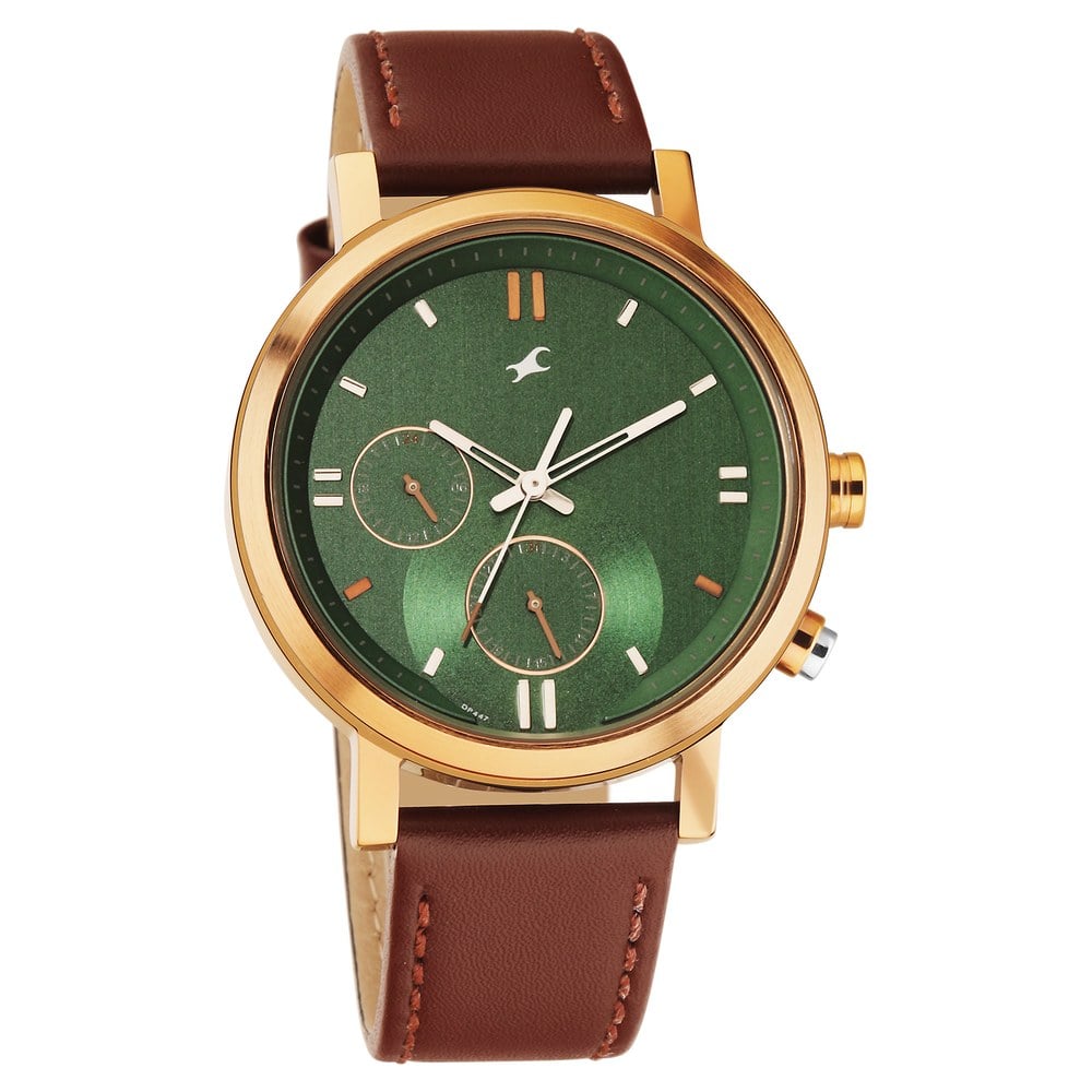 Fastrack Tick Tock Quartz Analog Green dial Leather Strap Watch for Guys NT3287KL04
