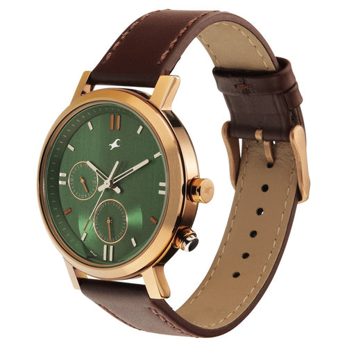Fastrack Tick Tock Quartz Analog Green dial Leather Strap Watch for Guys NT3287KL04
