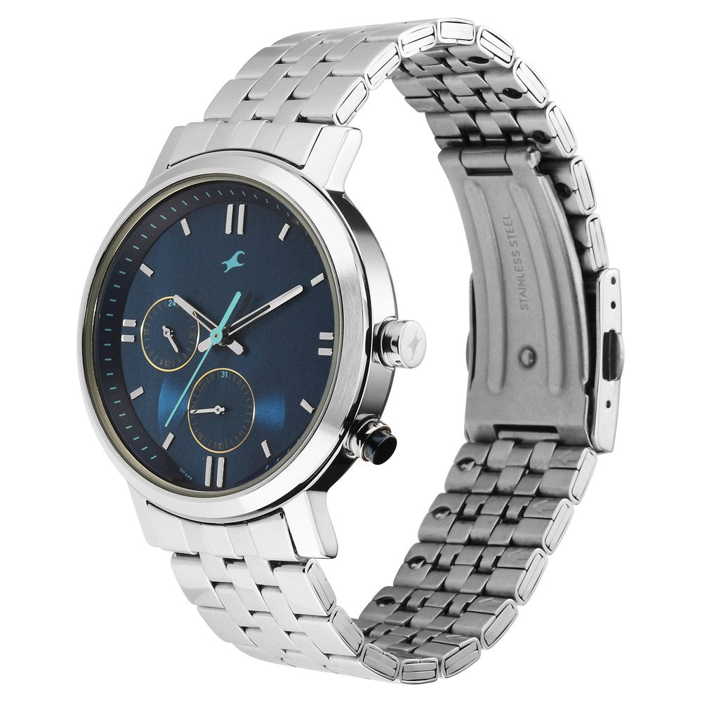 Fastrack Tick Tock Quartz Analog Blue dial Metal Strap Watch for Guys 3287KM05