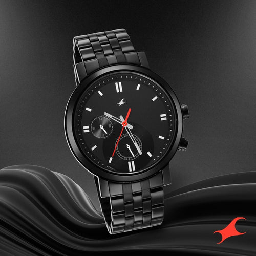 Fastrack Tick Tock Quartz Multifunction Black Dial Metal Strap Watch for Guys NT3287NM01