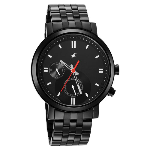 Fastrack Tick Tock Quartz Multifunction Black Dial Metal Strap Watch for Guys NU3287NM01