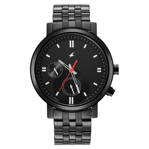 Fastrack Tick Tock Quartz Multifunction Black Dial Metal Strap Watch for Guys NU3287NM01