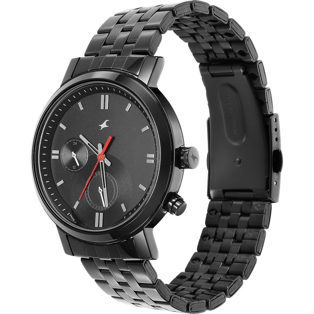 Fastrack Tick Tock Quartz Multifunction Black Dial Metal Strap Watch for Guys NT3287NM01