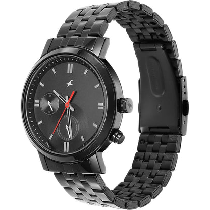 Fastrack Tick Tock Quartz Multifunction Black Dial Metal Strap Watch for Guys NT3287NM01