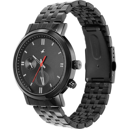 Fastrack Tick Tock Quartz Multifunction Black Dial Metal Strap Watch for Guys NU3287NM01