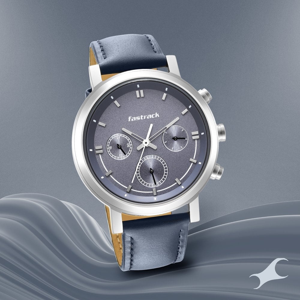 Fastrack Tick Tock Quartz Multifunction Blue Dial Leather Strap Watch for Guys NT3287SL01