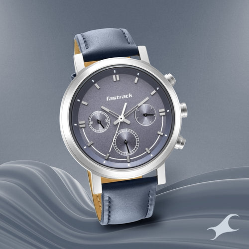 Fastrack Tick Tock Quartz Multifunction Blue Dial Leather Strap Watch for Guys NU3287SL01