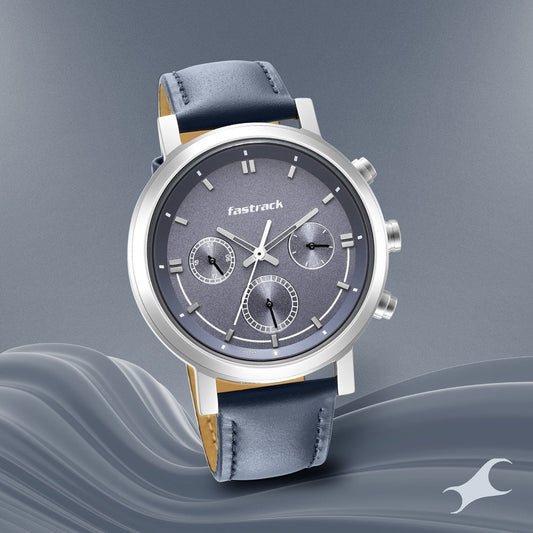 Fastrack Tick Tock Quartz Multifunction Blue Dial Leather Strap Watch for Guys NU3287SL01