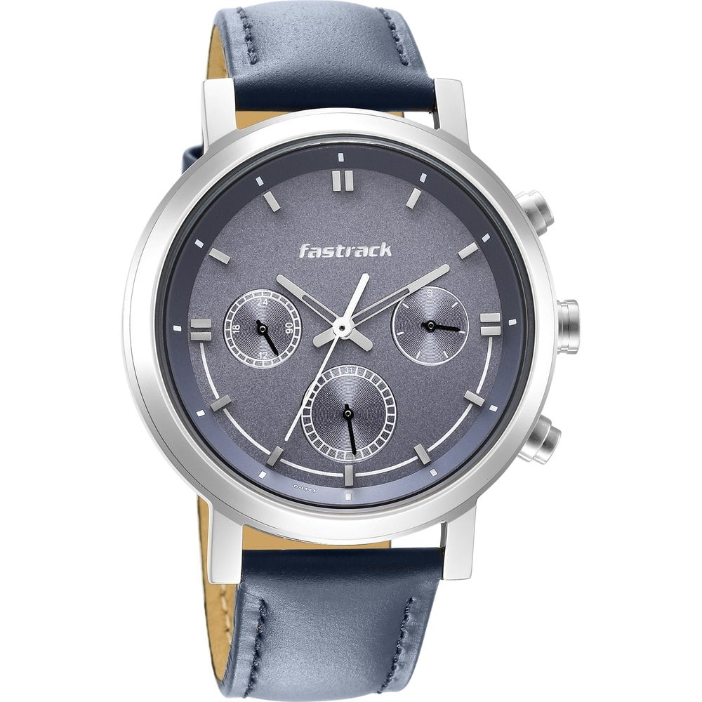 Fastrack Tick Tock Quartz Multifunction Blue Dial Leather Strap Watch for Guys NT3287SL01