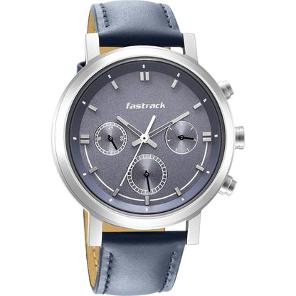 Fastrack Tick Tock Quartz Multifunction Blue Dial Leather Strap Watch for Guys NT3287SL01