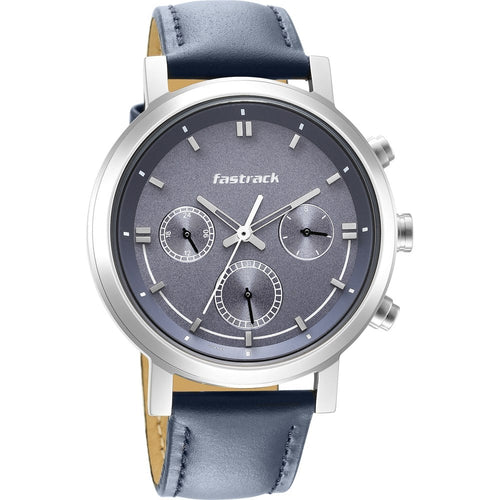 Fastrack Tick Tock Quartz Multifunction Blue Dial Leather Strap Watch for Guys NU3287SL01