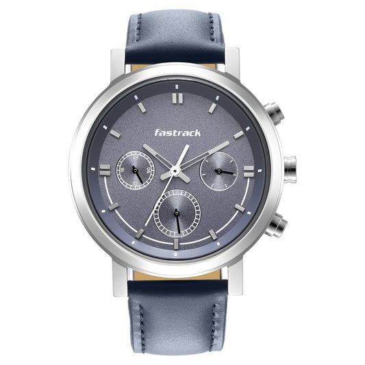 Fastrack Tick Tock Quartz Multifunction Blue Dial Leather Strap Watch for Guys NT3287SL01