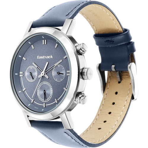 Fastrack Tick Tock Quartz Multifunction Blue Dial Leather Strap Watch for Guys NU3287SL01