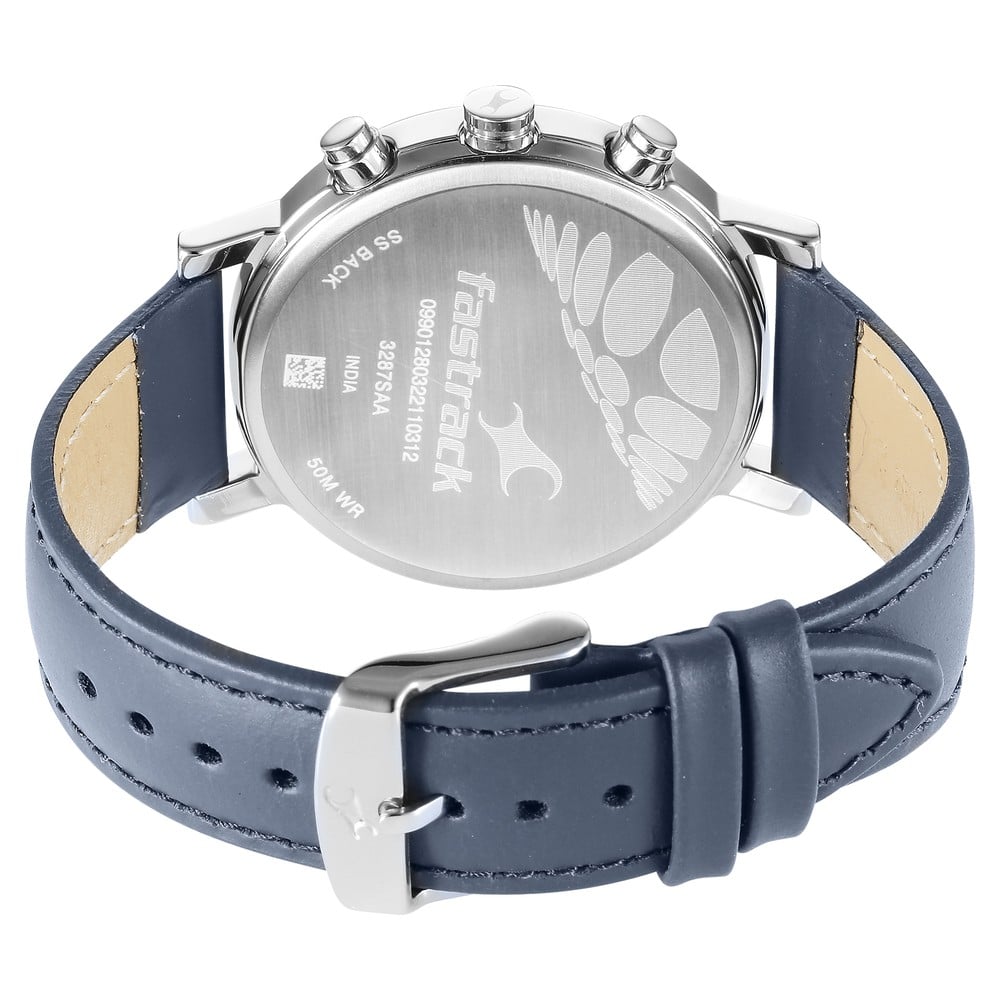 Fastrack Tick Tock Quartz Multifunction Blue Dial Leather Strap Watch for Guys NU3287SL01