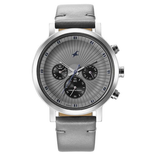 Fastrack Kronos Multifunction Grey Dial Leather Strap Watch for Guys NS3287SL05