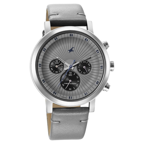 Fastrack Kronos Multifunction Grey Dial Leather Strap Watch for Guys NS3287SL05