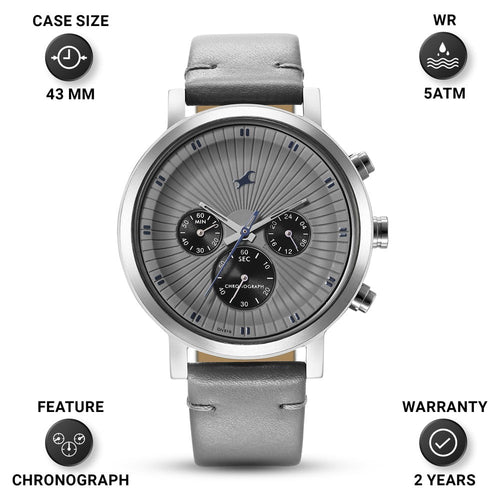 Fastrack Kronos Multifunction Grey Dial Leather Strap Watch for Guys 3287SL05