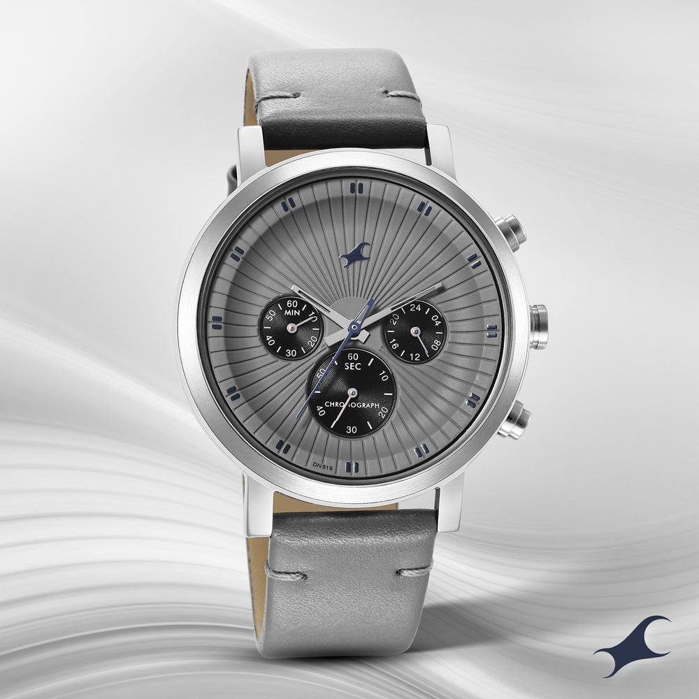 Fastrack Kronos Multifunction Grey Dial Leather Strap Watch for Guys 3287SL05