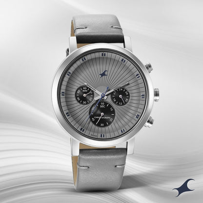 Fastrack Kronos Multifunction Grey Dial Leather Strap Watch for Guys 3287SL05